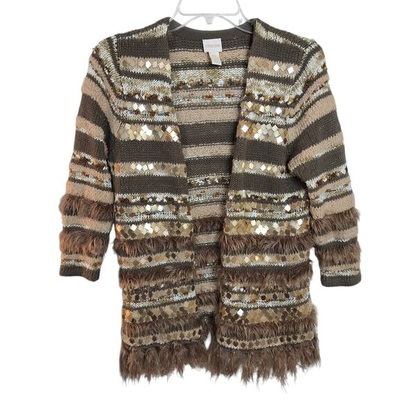 4535)Chico's Greta Mirror Fringe Neutral Combo Open Front Cardigan Sz 0/Small - Picture 2 of 8